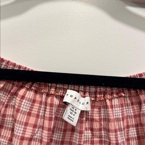 NWT Topshop Womens Off Shoulder Top Sz 4 Seersucker Elastic Wrist-Arm Plaid Pink - Picture 4 of 5